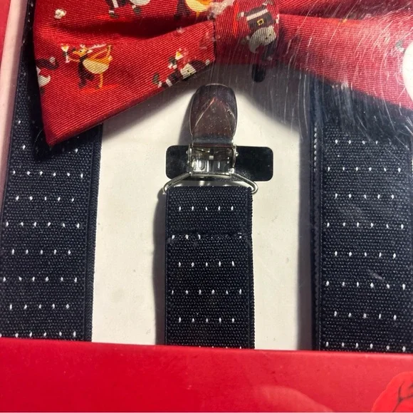 Wembley Festive Red Bow Tie and Navy Suspenders - Picture 3 of 5